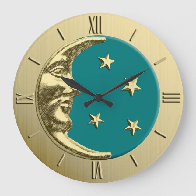 Art Deco Moon and Stars - Aquamarin und Gold Große Wanduhr (Vorderseite)