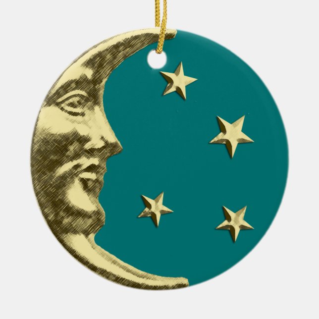 Art Deco Moon and Stars - Aquamarin und Gold Keramikornament (Vorne)