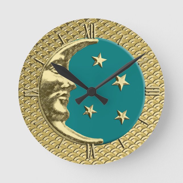 Art Deco Moon and Stars, Aquamarin und Gold Runde Wanduhr (Vorderseite)