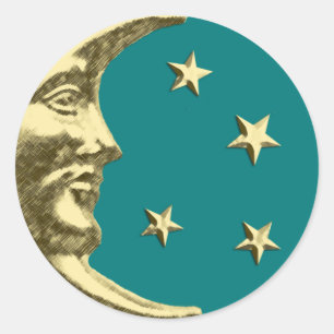Art Deco Moon and Stars - Aquamarin und Gold Runder Aufkleber