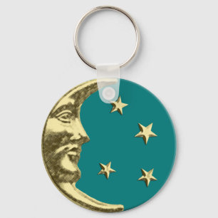 Art Deco Moon and Stars - Aquamarin und Gold Schlüsselanhänger