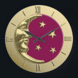 Art Deco Moon and Stars - Burgund und Gold Große Wanduhr<br><div class="desc">Classic Art Deco Moon und Sterne Design in gebürstetem Gold,  mit Emaille-Look,  burgundischen Wein / Pflaumenfarben Hintergrund</div>