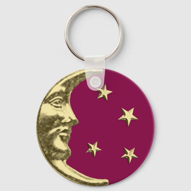 Art Deco Moon and Stars - Burgund und Gold Schlüsselanhänger (Vorderseite)