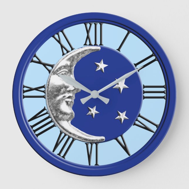 Art Deco Moon and Stars - Cobalt Blue und Silver Große Wanduhr (Vorderseite)