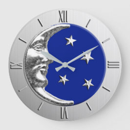 Art Deco Moon and Stars - Cobalt Blue und Silver Große Wanduhr