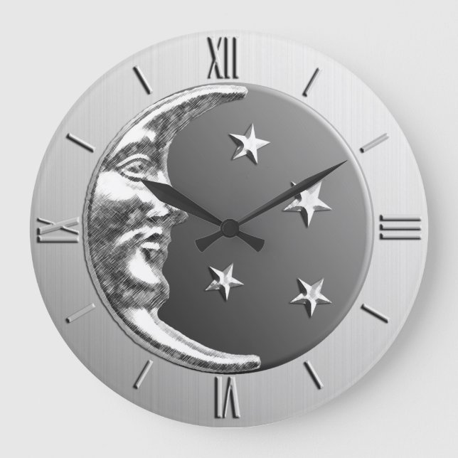Art Deco Moon and Stars - Grau / Grau und Silber Große Wanduhr (Vorderseite)