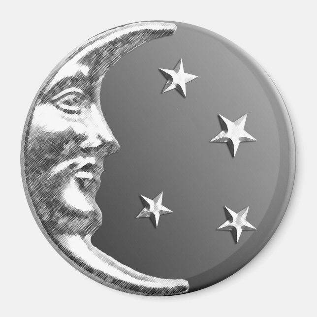 Art Deco Moon and Stars - Grau / Grau und Silber Magnet (Vorne)