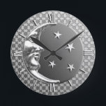 Art Deco Moon and Stars, Hematite Gray & Silver Runde Wanduhr<br><div class="desc">Uhr in einem klassischen Art-Déco-Mond und Sterne-Design in gebürstetem Silber mit Emaille-Look, hämatergrau / grau Hintergrund</div>