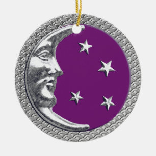 Art Deco Moon and Stars in Amethyst und Silver Keramik Ornament