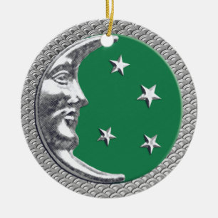 Art Deco Moon and Stars in Jade Green und Silver Keramik Ornament