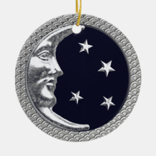 Art Deco Moon and Stars in Schwarz und Silber Keramik Ornament