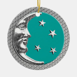 Art Deco Moon and Stars in Türkis und Silber Keramik Ornament
