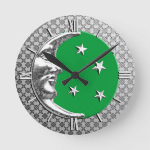 Art Deco Moon and Stars, Jade Green and Silver Runde Wanduhr
