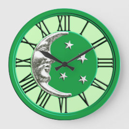Art Deco Moon and Stars - Jade Green und Silver Große Wanduhr