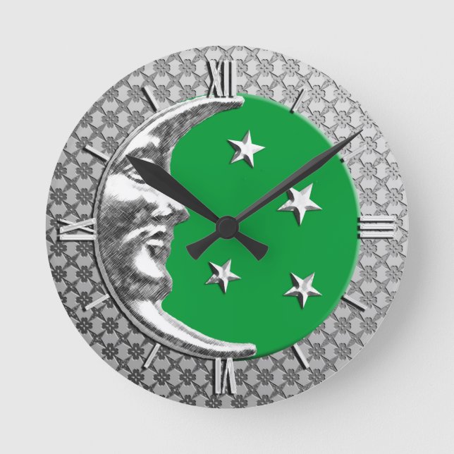 Art Deco Moon and Stars, Jade Green und Silver Runde Wanduhr (Vorderseite)