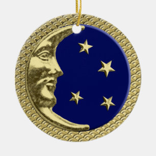 Art Deco Moon and Stars Navy auf einem Golden Back Keramik Ornament