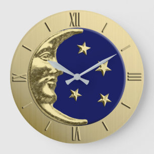 Art Deco Moon and Stars - Navy Blue und Gold Große Wanduhr