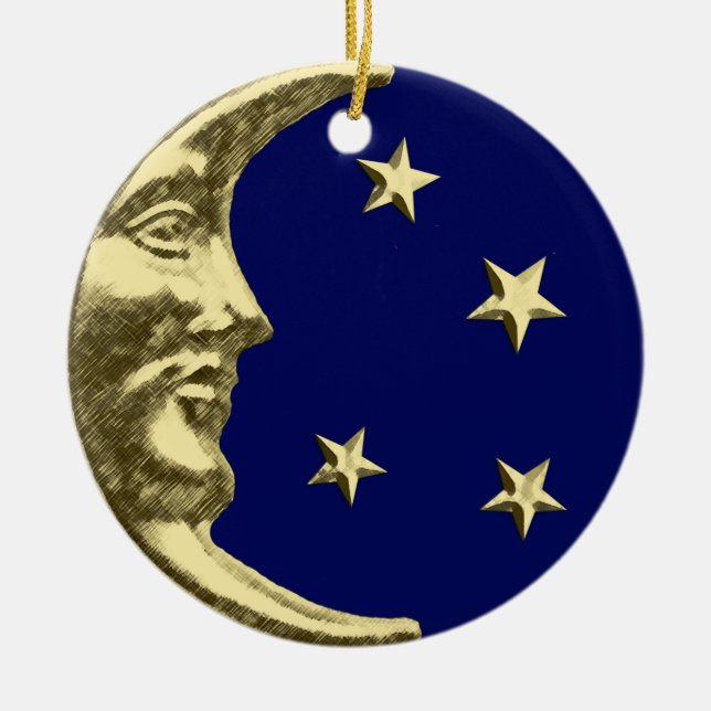 Art Deco Moon and Stars - Navy Blue und Gold Keramik Ornament (Vorne)