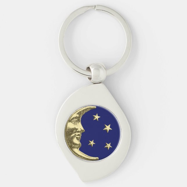 Art Deco Moon and Stars - Navy Blue und Gold Schlüsselanhänger (Vorderseite)