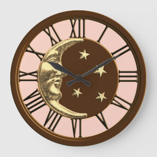 Art Deco Moon and Stars - Peach, Brown & Gold Große Wanduhr