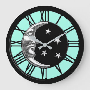 Art Deco Moon and Stars - Schwarz, Aqua und Silber Große Wanduhr