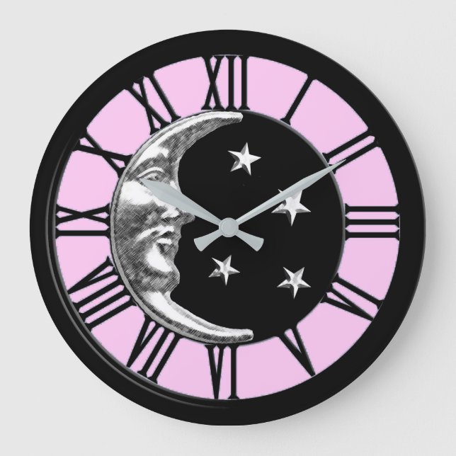 Art Deco Moon and Stars - Schwarz, Rosa und Silber Große Wanduhr (Vorderseite)