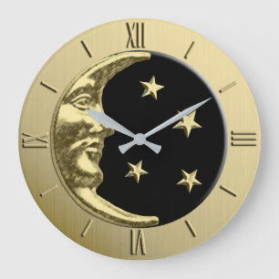 Art Deco Moon and Stars - Schwarz und Gold Große Wanduhr