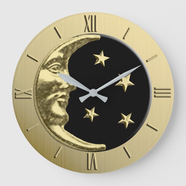 Art Deco Moon and Stars - Schwarz und Gold Große Wanduhr (Vorderseite)