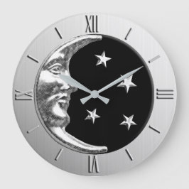 Art Deco Moon and Stars - Schwarz und Silber Große Wanduhr
