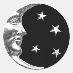 Art Deco Moon and Stars - Schwarz und Silber Runder Aufkleber