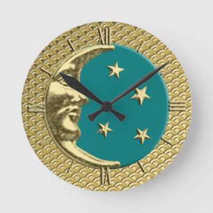 Art Deco Moon and Stars, Teal and Gold Runde Wanduhr