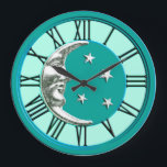 Art Deco Moon and Stars - Türkis & Silber Große Wanduhr<br><div class="desc">Klassische Art Deco Moon und Sterne Design in gebürstetem Silber auf Emaille-Look,  Türkis / Pfau mit einem helltürkisfarbenen Hintergrund</div>