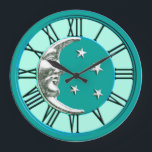 Art Deco Moon and Stars - Türkis & Silber Große Wanduhr<br><div class="desc">Klassische Art Deco Moon und Sterne Design in gebürstetem Silber auf Emaille-Look,  Türkis / Pfau mit einem helltürkisfarbenen Hintergrund</div>