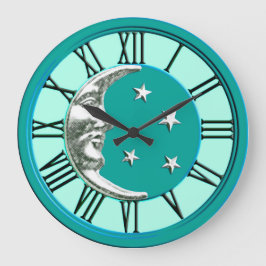 Art Deco Moon and Stars - Türkis & Silber Große Wanduhr