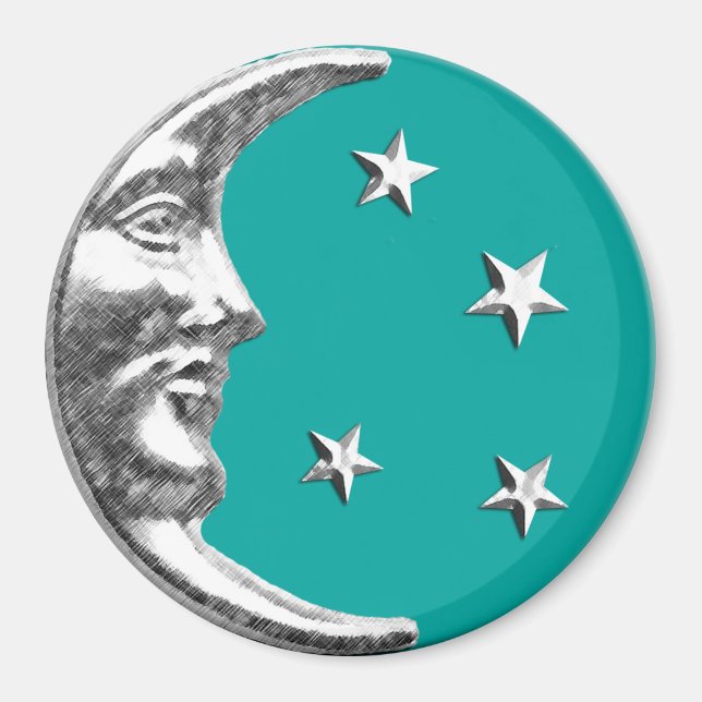 Art Deco Moon and Stars - Türkis & Silber Magnet (Vorne)