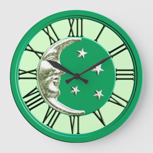 Art Deco Moon Face - Jade Green und Silver Große Wanduhr (Vorderseite)
