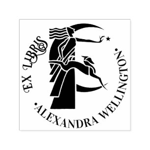 Art Deco Moon Goddess Dog Star Ex Libris Buchname Permastempel