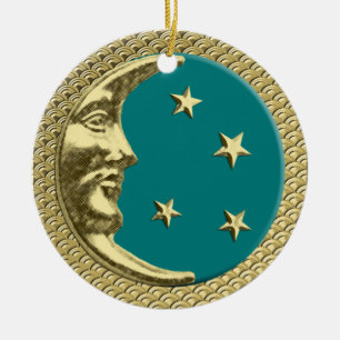 Art Deco Moon und Stars Aquamarin auf einem Golden Keramik Ornament