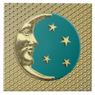Art Deco Moon und Stars - Aquamarin und Gold Fliese