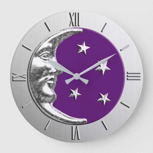 Art Deco Moon und Sterne - Amethyst Lila & Silver Große Wanduhr (Vorderseite)