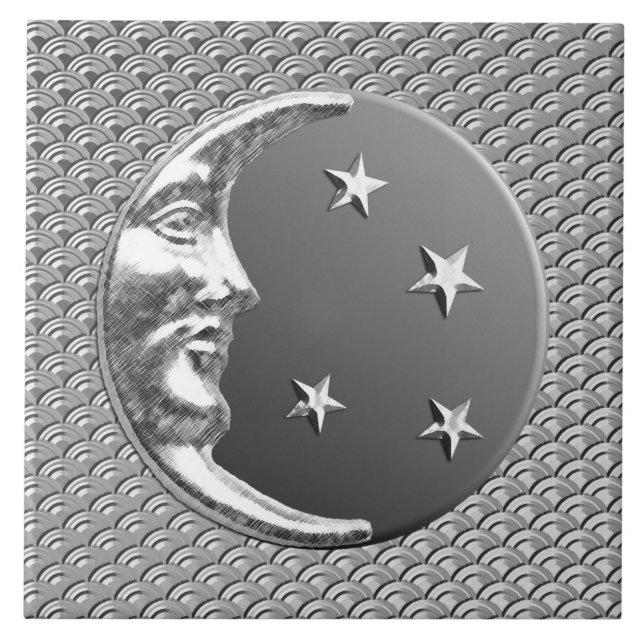 Art Deco Moon und Sterne - Grau / Grau und Silber Fliese (Vorderseite)
