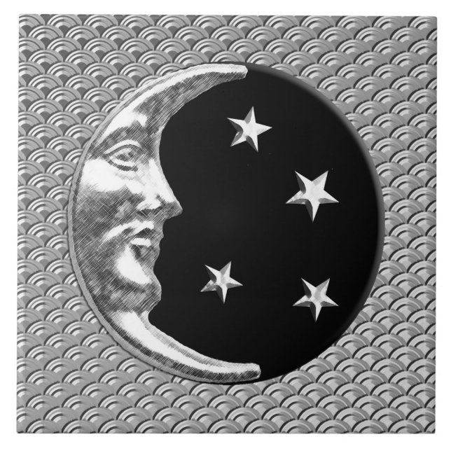 Art Deco Moon und Sterne - Schwarz und Silber Fliese (Vorderseite)