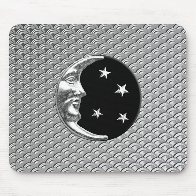 Art Deco Moon und Sterne - Schwarz und Silber Mousepad (Vorne)