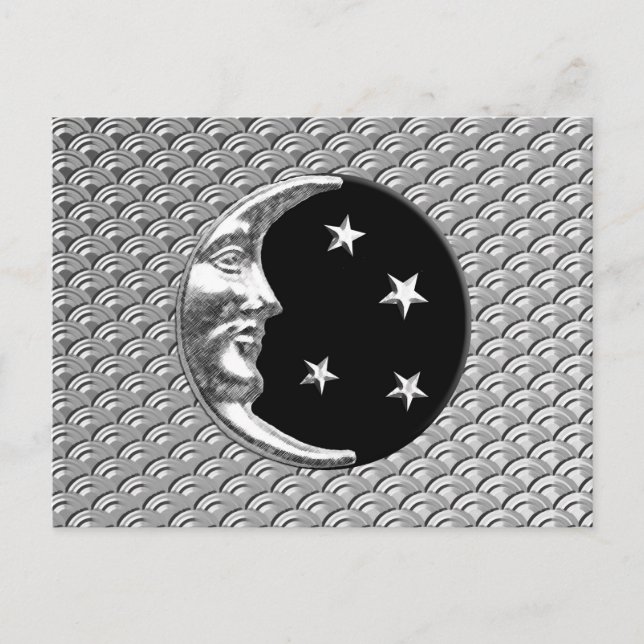 Art Deco Moon und Sterne - Schwarz und Silber Postkarte (Vorderseite)