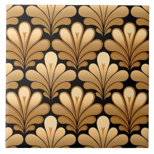 Art Deco Muschel Muster, Gold und Schwarz Fliese
