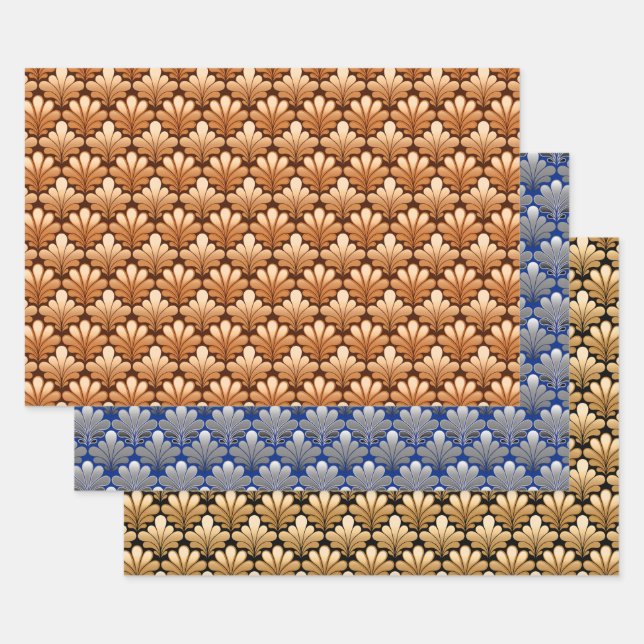 Art Deco Muschel Muster, Kupfer, Silber und Gold  Geschenkpapier Set (Set)