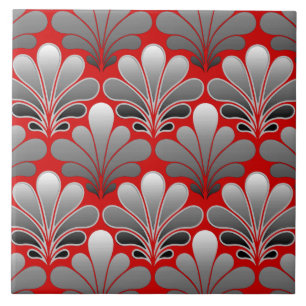Art Deco-Muschel-Muster, Silber-Grau und Rot Fliese