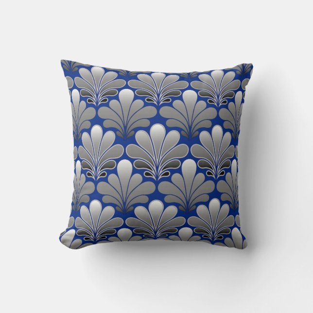 Art Deco Muschel Muster, Silber und Cobalt Blue Kissen (Vorderseite)