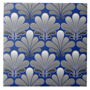 Art Deco-Muschel-Muster, Silber und Kobaltblau Fliese