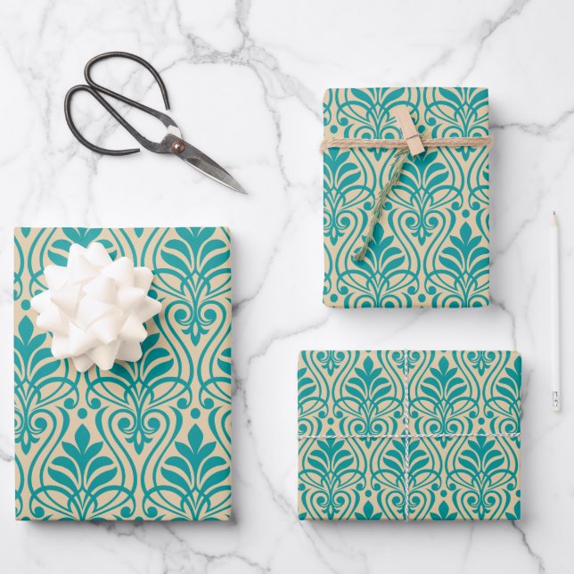 Art Deco Muster 01 - Aquamarin auf Off-White Geschenkpapier Set (Vorderseite)